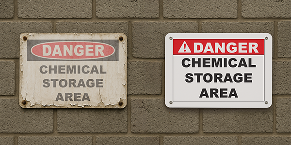 Comparison of outdated workplace signage and new durable workplace signage showing results of replacing safety signs during an end-of-year signage audit.