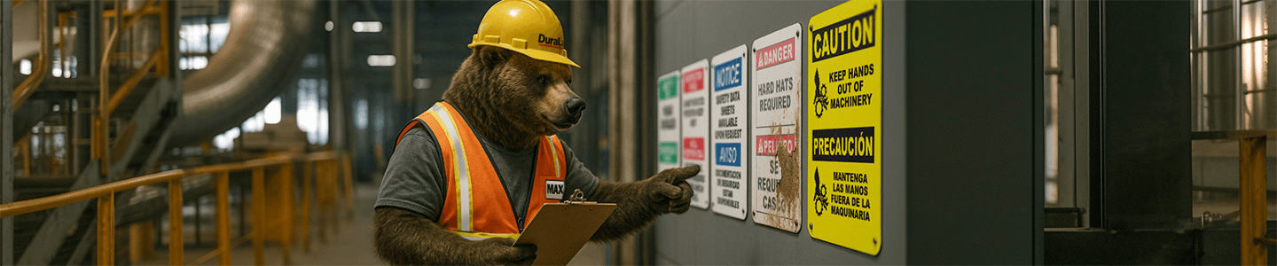Max the DuraLabel bear reviewing workplace signs and documenting faded safety signs as part of an end-of-year signage audit.