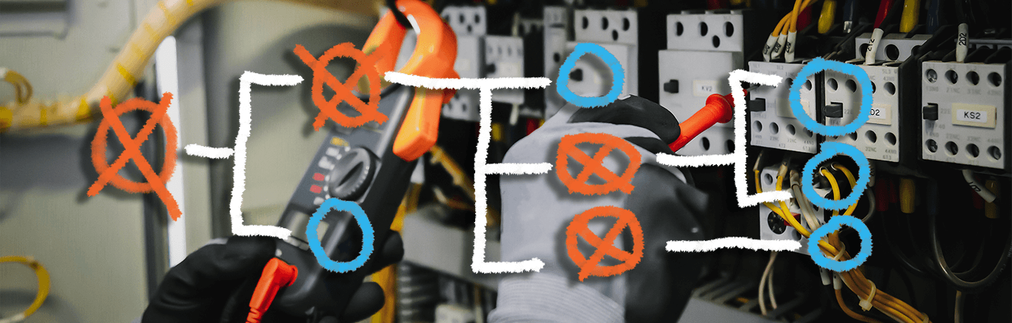 A treed diagram overlaid on a photo of the gloved hands of an electrician testing circuits.