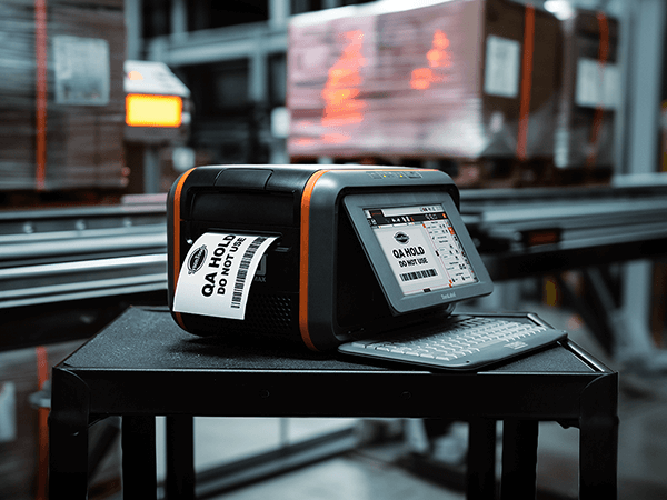 DuraLabel Toro Max printer producing a QA Hold label on a workbench in a warehouse with stacked pallets in the background.