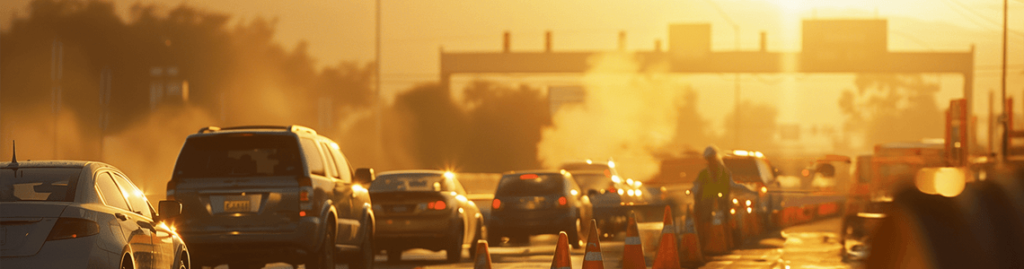 A road construction zone with glare from the sun, vehicles are driving next to a row of cones while a worker walks alongside them