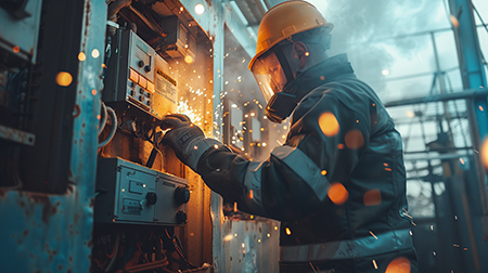 Electrician wearing arc flash protective gear and hard hat working on energized electrical panel with visible sparks, demonstrating industrial electrical safety and PPE compliance.