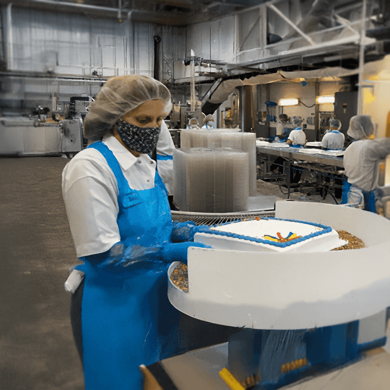 Workers in protective clothing and masks decorate sheet cakes on a food production line inside a Rise Baking Company facility.