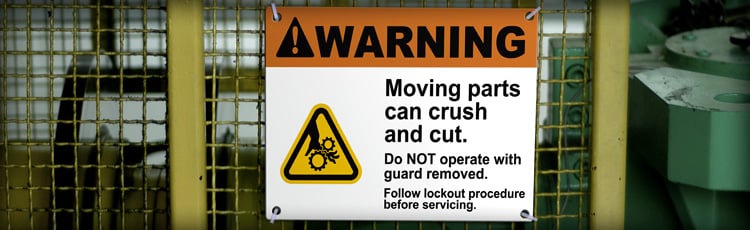 Warning sign about moving parts hazards, highlighting essential safety measures for industrial labeling solutions.
