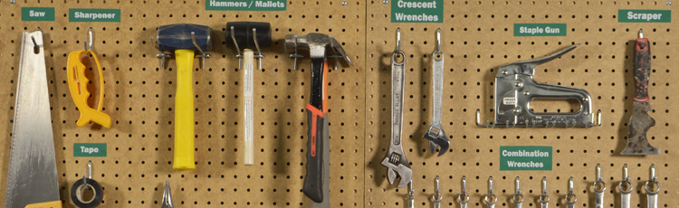 Tools neatly labeled and organized following the 5S system.