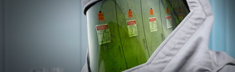 Arc flash labels reflected in a PPE hood