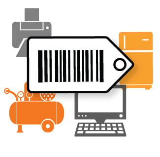 large barcode tag in front of commonly tagged items like laptops and printers