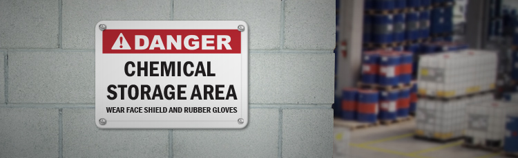 A sign on a wall warns Danger: Chemical Storage Area