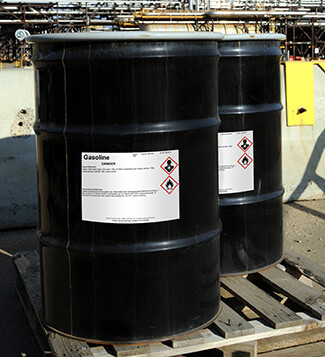 Chemical labels on containers.