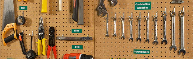 Tools neatly labels and organized following the 5S system.