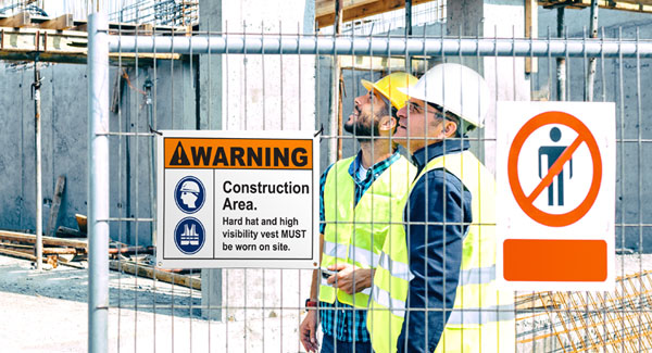 Workers evaluate construction site safety.