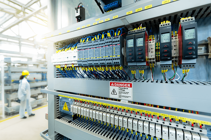 Electrical equipment in a manufacturing facility is marked with a Danger:  Hazardous Voltage Premium Vinyl Label.