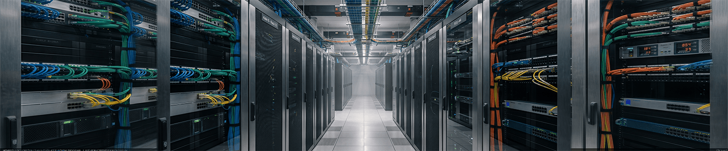 Labeled network connections and structured cabling within a data center environment.