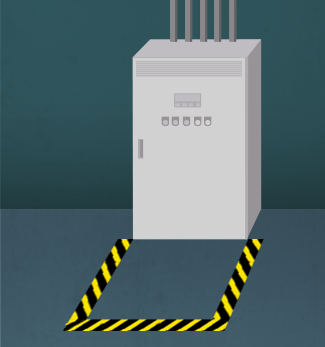 Electrical panel boundaries marked with striped hazard floor marking tape