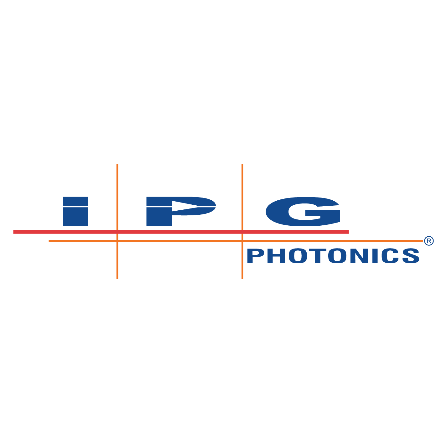 IPG Photonics company logo with blue text, red underline, and orange tagline.